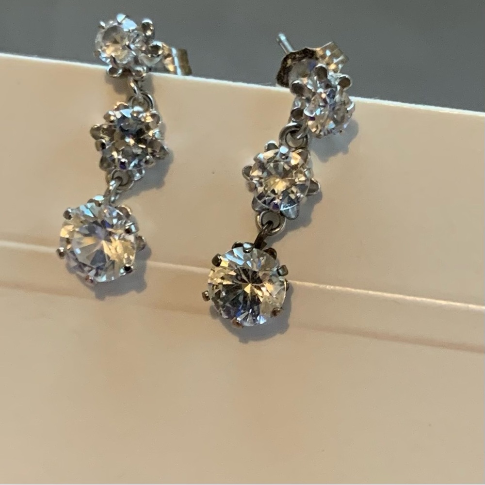 SILVER 3 CZ Diamond Drop Earrings VINTAGE EDWARDIAN-STYLE 
DANGLE EARRINGS 1” - Picture 4 of 9